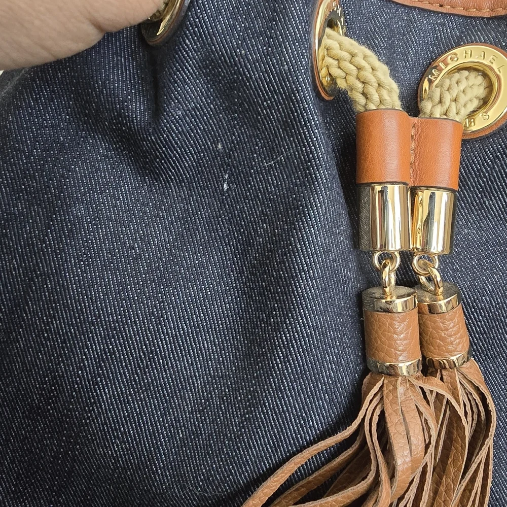 Michael Kors Blue Denim Designer Hobi Handbag With Brown Leather Tassels